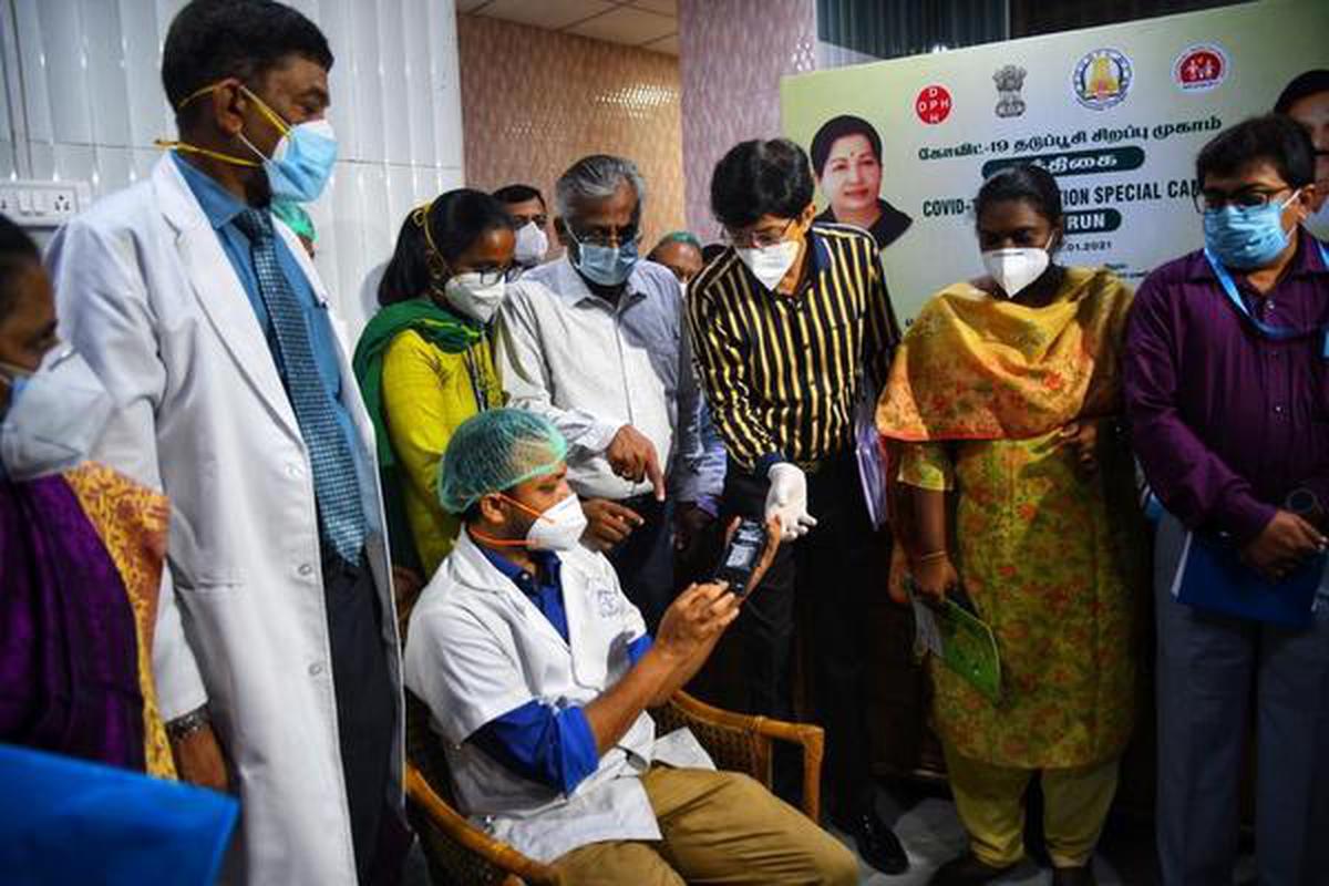Health Secretary J. Radhakrishnan at the vaccine dry run at Rajiv Gandhi Government General Hospital on Saturday