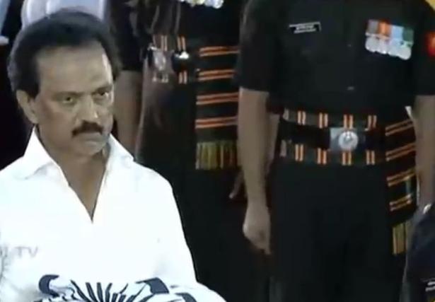 The tri-colour was handed over to M.K. Stalin, Mr. Karunanidhi's son.