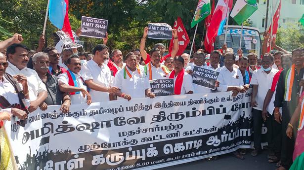 Left parties, Congress, VCK stage protest against Amit Shah in Puducherry