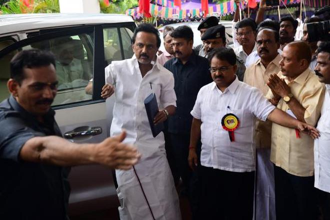 DMK working president M.K. Stalin arrives at Anna Arivalayam, party headquarters in Chennai, ahead of an emergency executive committee meeting on August 14, 2018.