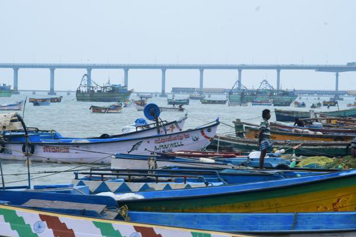 Fishing boats anchored at the Pamban south seashore after port authorities hoisted cyclone warning signal-3 at the Pamban port on Monday, November 23, 2020.