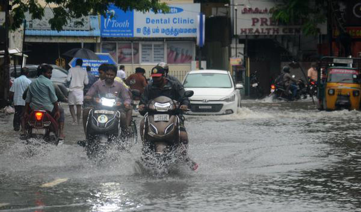 Stagnated rain water on Razak Garden Main Road, MMDA Colony, November 7, 2021 due to heavy rain in Chennai, Tamil Nadu