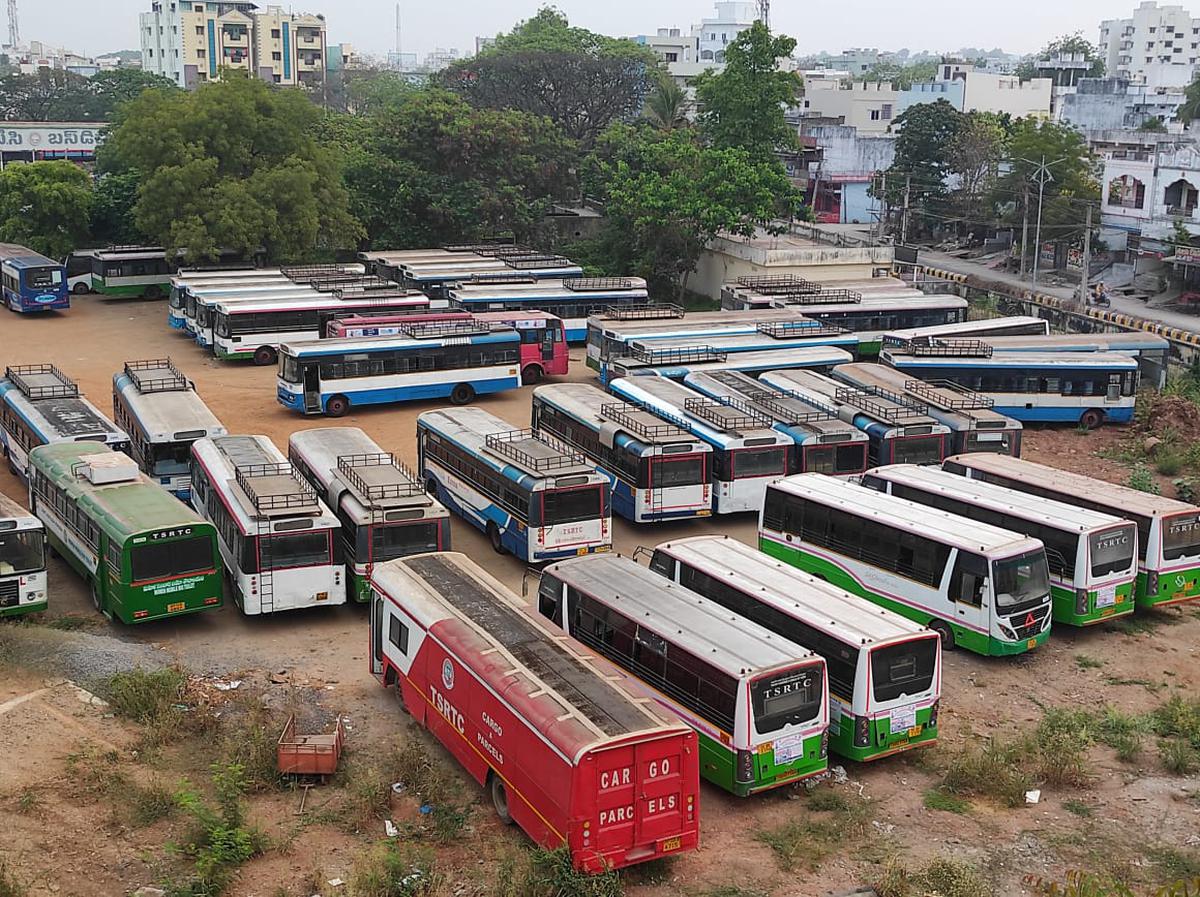 Buses parked at bus depo during the Bharat Bandh in Khammam on Friday.