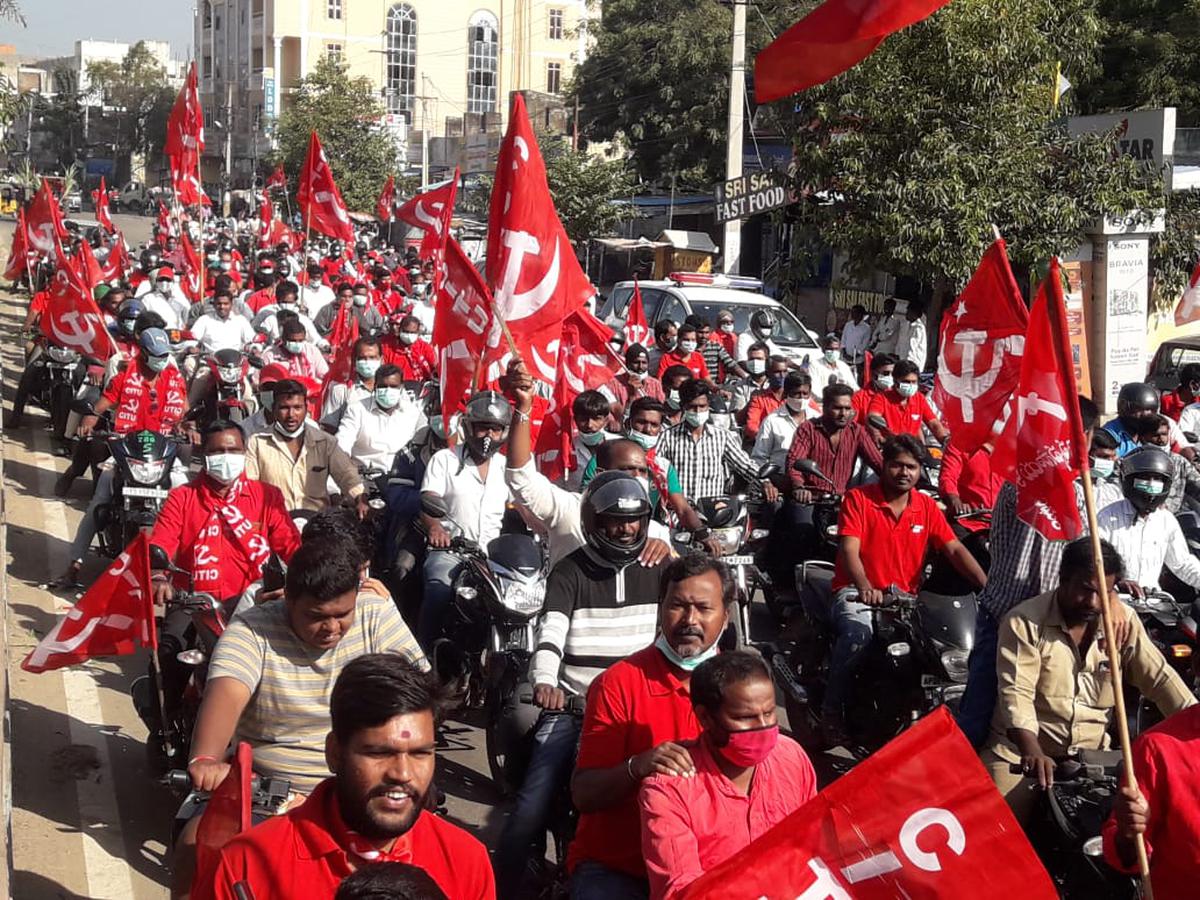 CITU stages a bike rally as part of the Bharat Bandh at Sangareddy District, Telangana, on Tuesday, December 8, 2020.