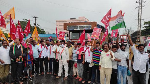 Cadres of Left parties stage protests braving rain in Telangana