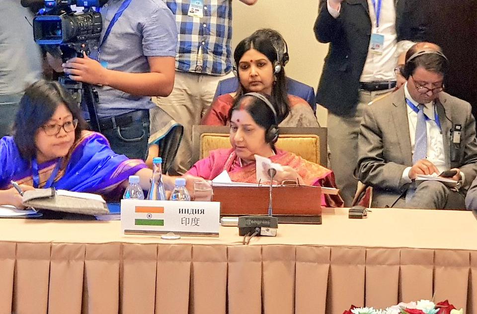 External Affairs Minister SushmaSwaraj delivers her statement at the SCO Foreign Ministers' Meeting in Bishkek, Kyrgyzstan 