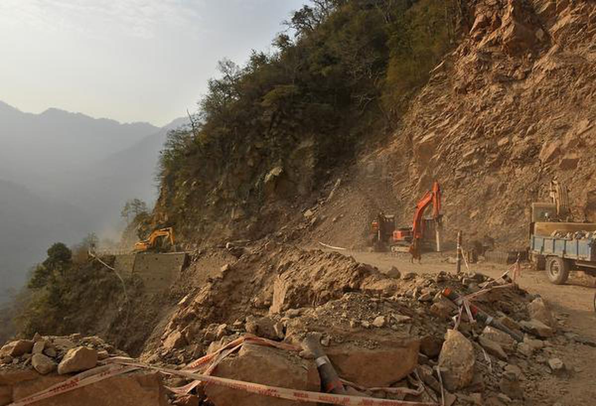 Tree cover is rampantly cut in order to widen roads under the Char Dham Pariyojana near Rudraprayag in Uttarakhand.