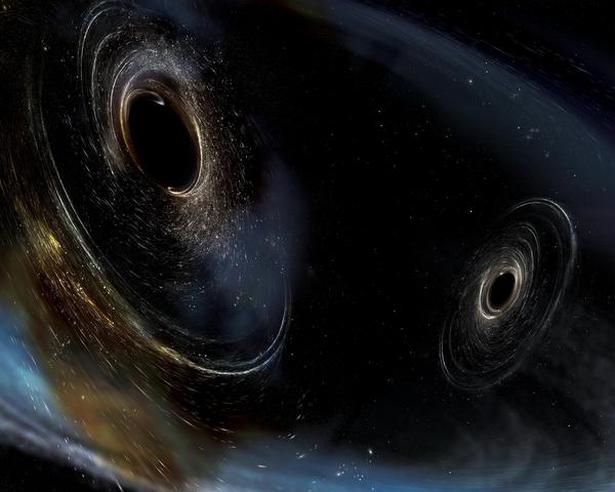 An artist's rendering showing two merging black holes similar to those detected by LIGO