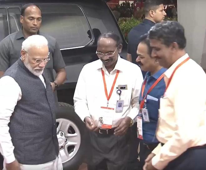 Prime Minister Narendra Modi arrives at ISRO’s Mission Operations Complex to witness the lunar touchdown. Photo: YouTube/ISRO Official