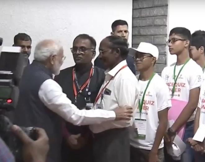 Prime Minister Narendra Modi speaks to ISRO chief K. Sivan after the latter announced that communication with Chandrayaan 2’s Vikram Lander was lost. Photo: YouTube/ISRO Official