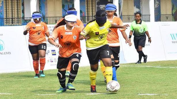 Scenes from the first match in the on-going blind football championship for women