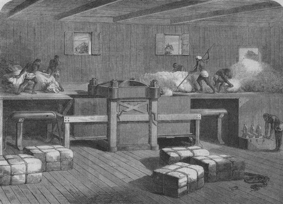 ‘Press for packing Indian cotton,’ Illustrated London News, 1864.