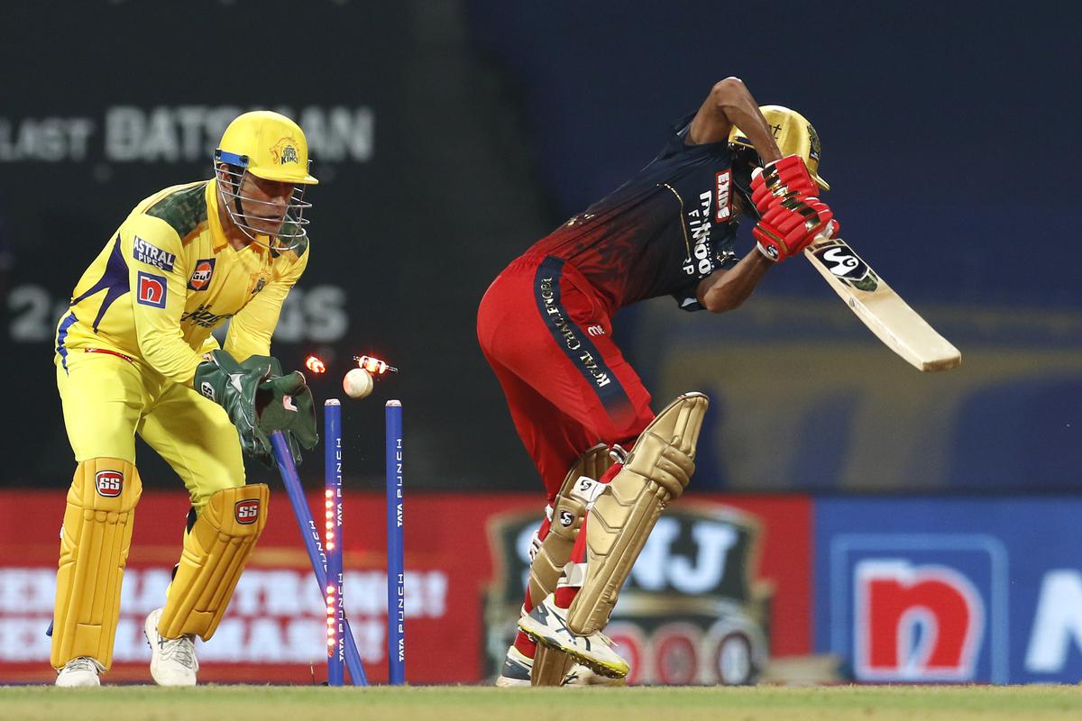 Shahbaz Ahamad of RCB is castled by Maheesh Theekshana who claimed four wickets.