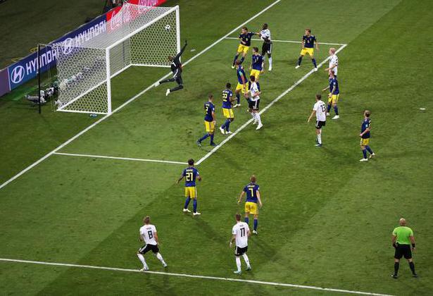 Germany’s Toni Kroos scores his team’s second goal against Sweden.